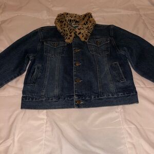 RAINFOREST Blue Denim Jacket with Leopard Faux Fur Collar child fit M